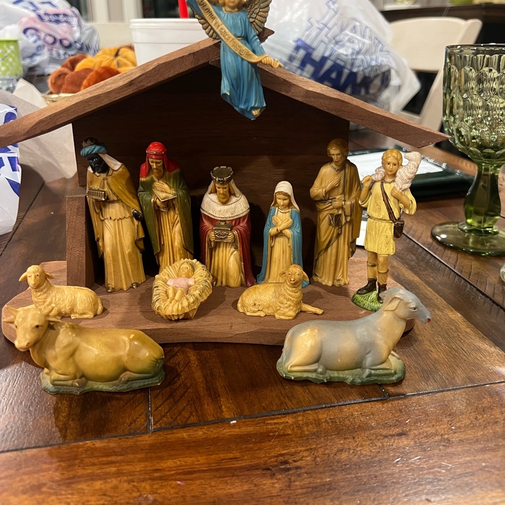 Vintage Antique Nativity Scene Figurine Set  Christmas Wood Manger